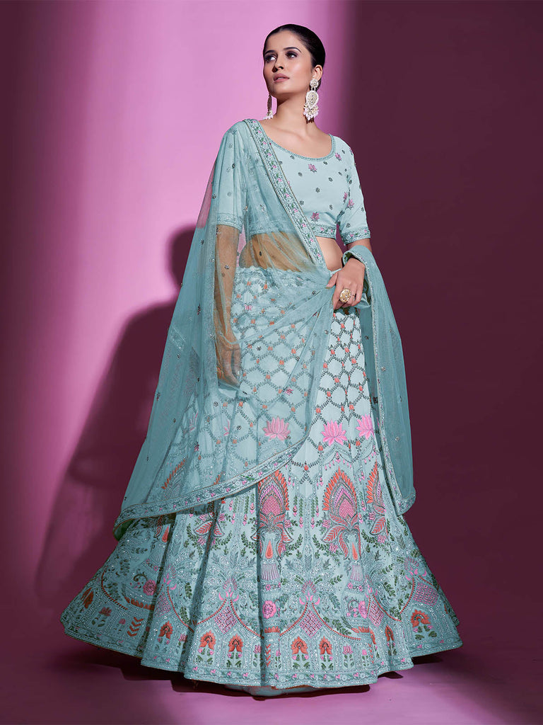 Blue Georgette Embroidered Semi Stitched Lehenga With Unstitched Blouse Clothsvilla