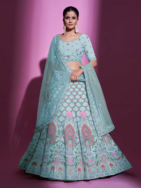 Blue Georgette Embroidered Semi Stitched Lehenga With Unstitched Blouse Clothsvilla Main image