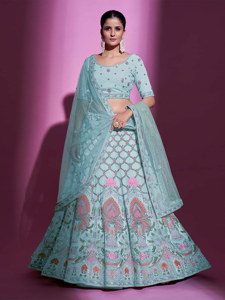 Blue Georgette Embroidered Semi Stitched Lehenga With Unstitched Blouse Clothsvilla