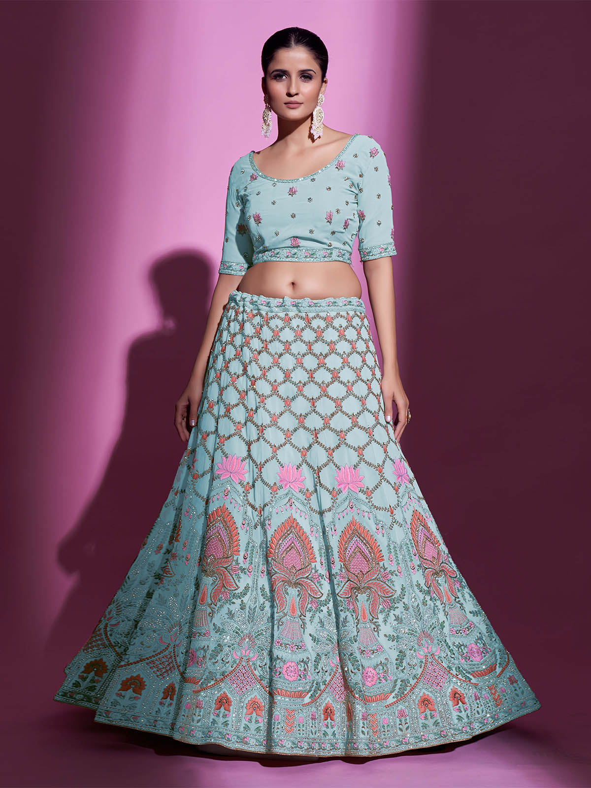 Blue Georgette Embroidered Semi Stitched Lehenga With Unstitched Blouse Clothsvilla
