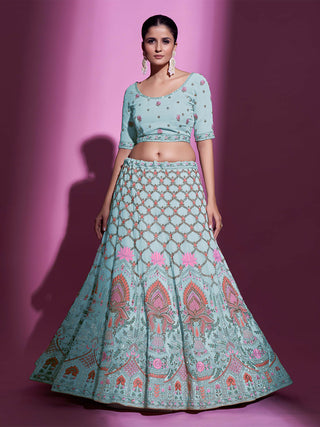Blue Georgette Embroidered Semi Stitched Lehenga With Unstitched Blouse Clothsvilla