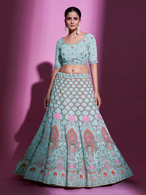 Blue Georgette Embroidered Semi Stitched Lehenga With Unstitched Blouse Clothsvilla