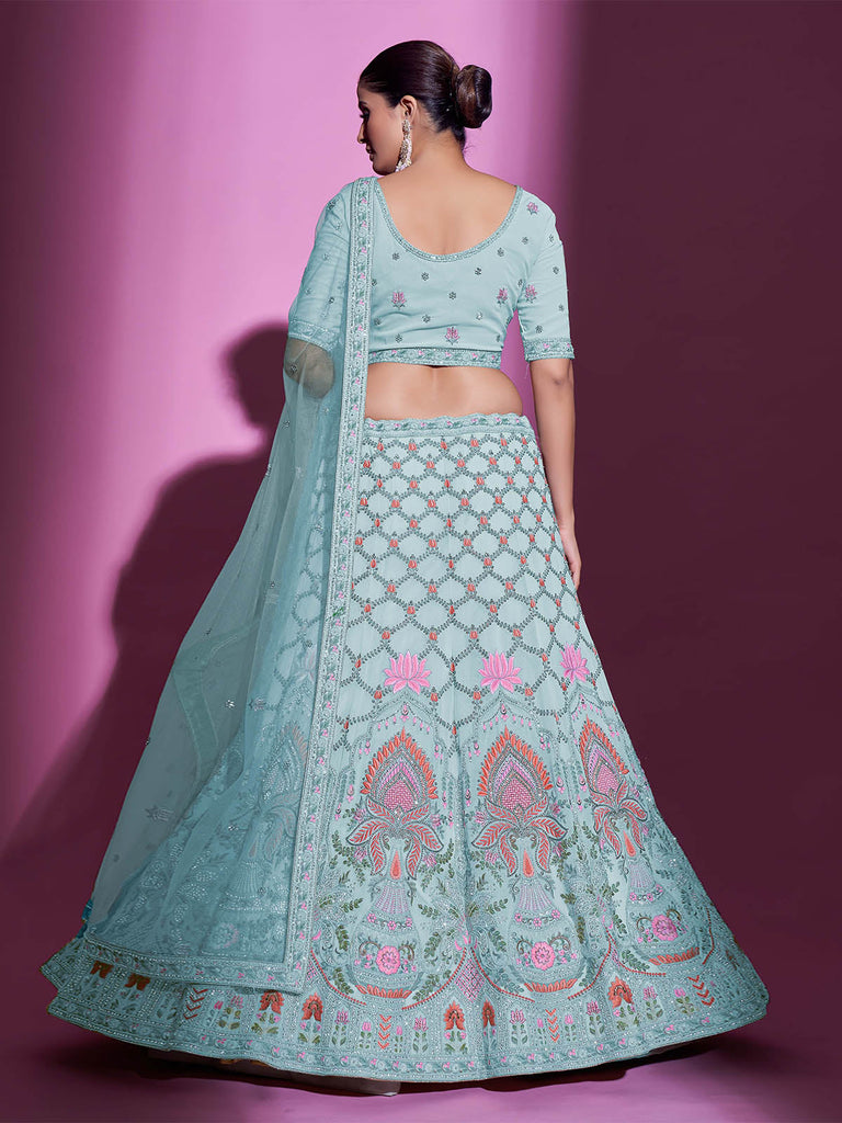 Blue Georgette Embroidered Semi Stitched Lehenga With Unstitched Blouse Clothsvilla