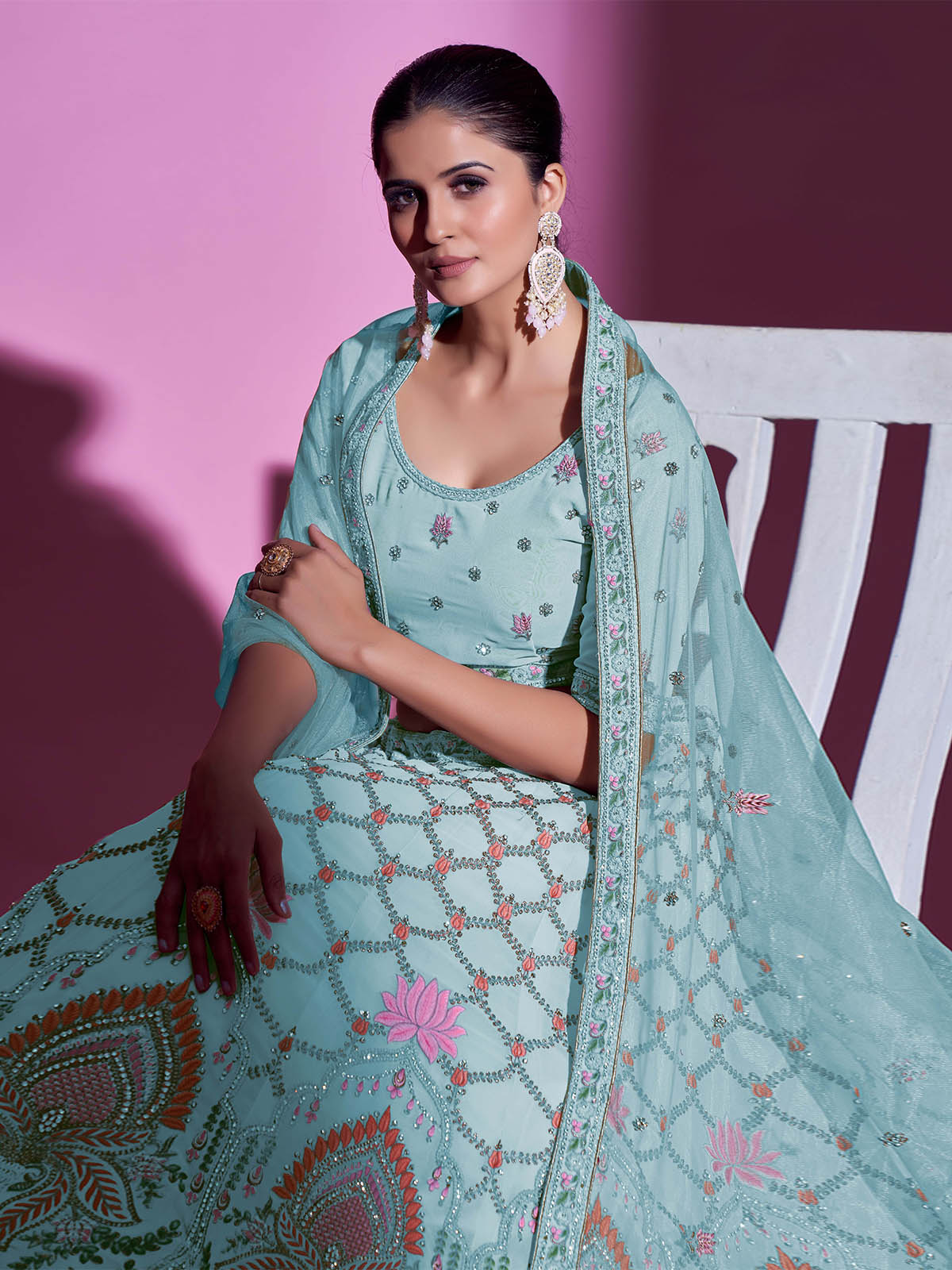 Blue Georgette Embroidered Semi Stitched Lehenga With Unstitched Blouse Clothsvilla