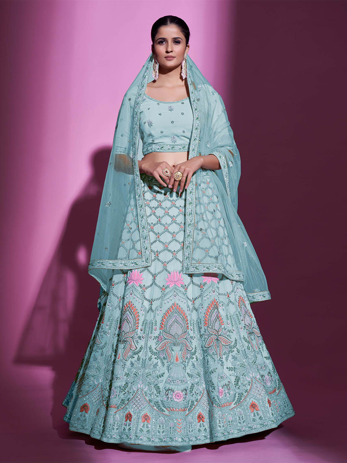 Blue Georgette Embroidered Semi Stitched Lehenga With Unstitched Blouse Clothsvilla