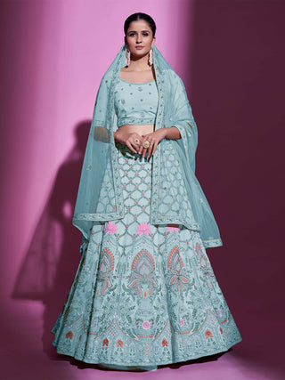 Blue Georgette Embroidered Semi Stitched Lehenga With Unstitched Blouse Clothsvilla