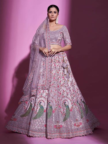 Purple Net Embroidered Semi Stitched Lehenga With Unstitched Blouse Clothsvilla