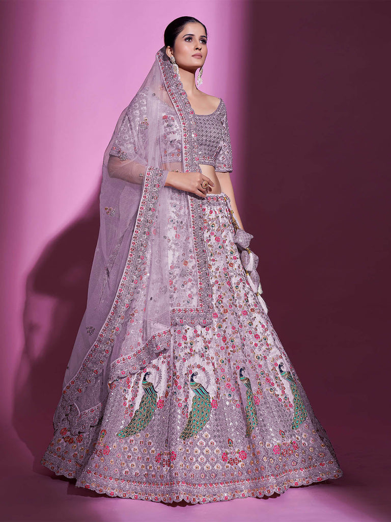 Purple Net Embroidered Semi Stitched Lehenga With Unstitched Blouse Clothsvilla