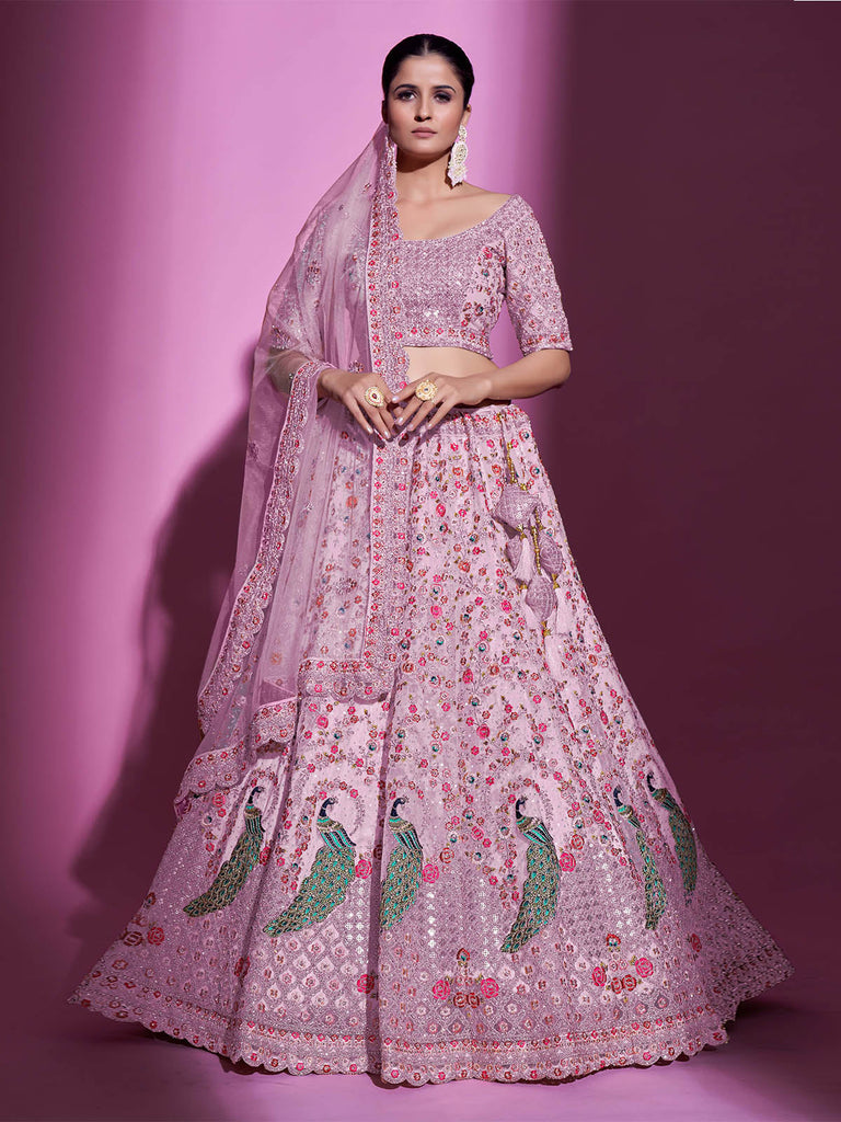 Peach Net Embroidered Semi Stitched Lehenga With Unstitched Blouse Clothsvilla