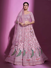 Load image into Gallery viewer, Peach Net Embroidered Semi Stitched Lehenga With Unstitched Blouse Clothsvilla