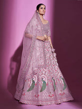 Load image into Gallery viewer, Peach Net Embroidered Semi Stitched Lehenga With Unstitched Blouse Clothsvilla