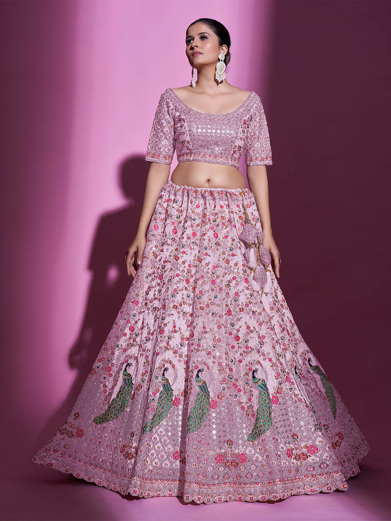 Peach Net Embroidered Semi Stitched Lehenga With Unstitched Blouse Clothsvilla