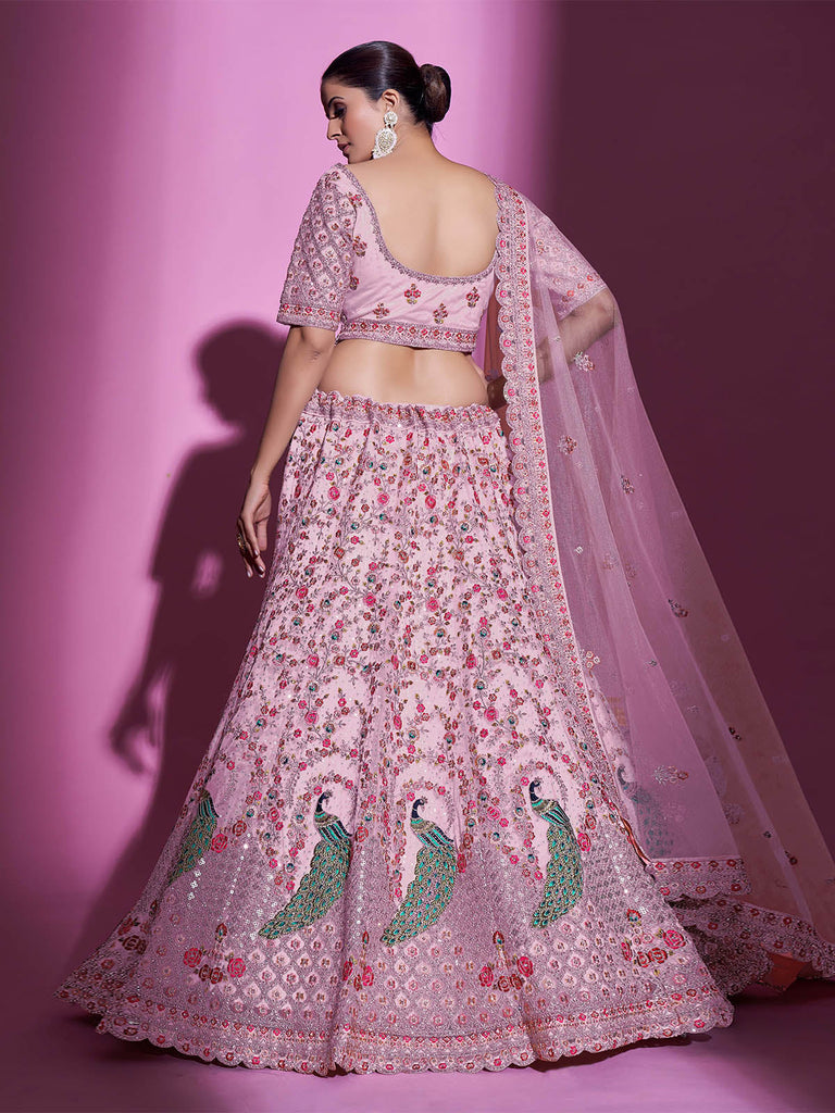 Peach Net Embroidered Semi Stitched Lehenga With Unstitched Blouse Clothsvilla