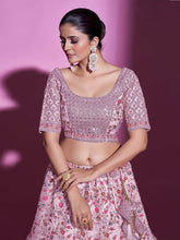 Load image into Gallery viewer, Peach Net Embroidered Semi Stitched Lehenga With Unstitched Blouse Clothsvilla