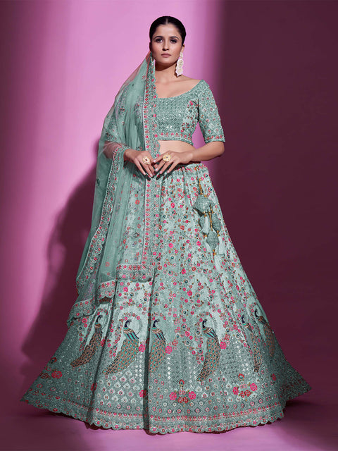 Sea Green Net Embroidered Semi Stitched Lehenga With Unstitched Blouse Clothsvilla Main image