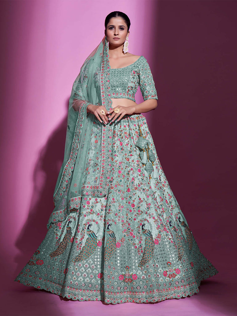 Sea Green Net Embroidered Semi Stitched Lehenga With Unstitched Blouse Clothsvilla
