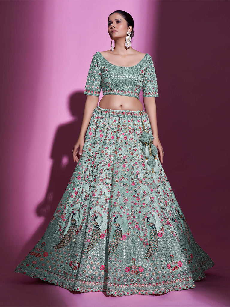 Sea Green Net Embroidered Semi Stitched Lehenga With Unstitched Blouse Clothsvilla