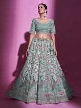 Load image into Gallery viewer, Sea Green Net Embroidered Semi Stitched Lehenga With Unstitched Blouse Clothsvilla