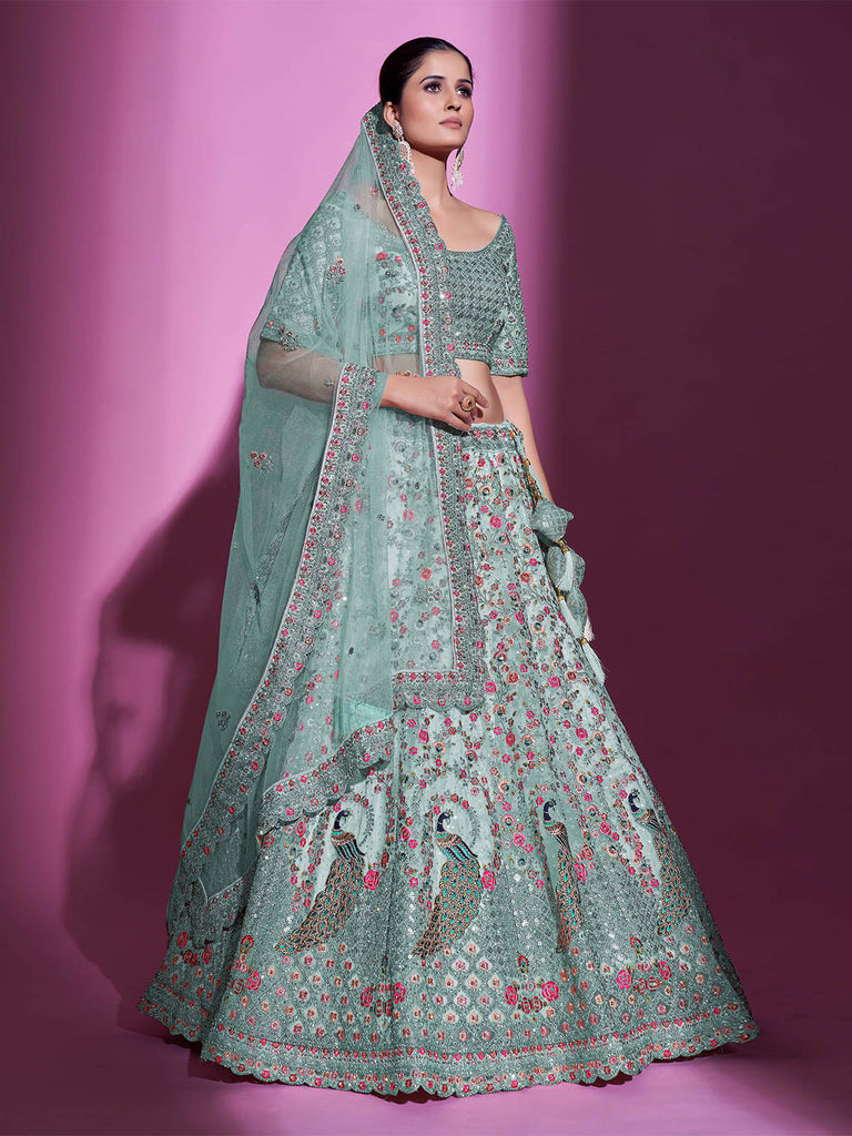 Sea Green Net Embroidered Semi Stitched Lehenga With Unstitched Blouse Clothsvilla