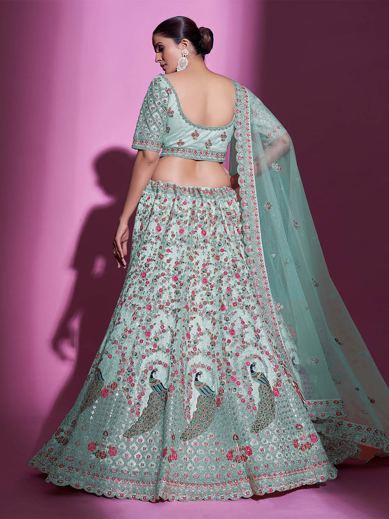 Sea Green Net Embroidered Semi Stitched Lehenga With Unstitched Blouse Clothsvilla