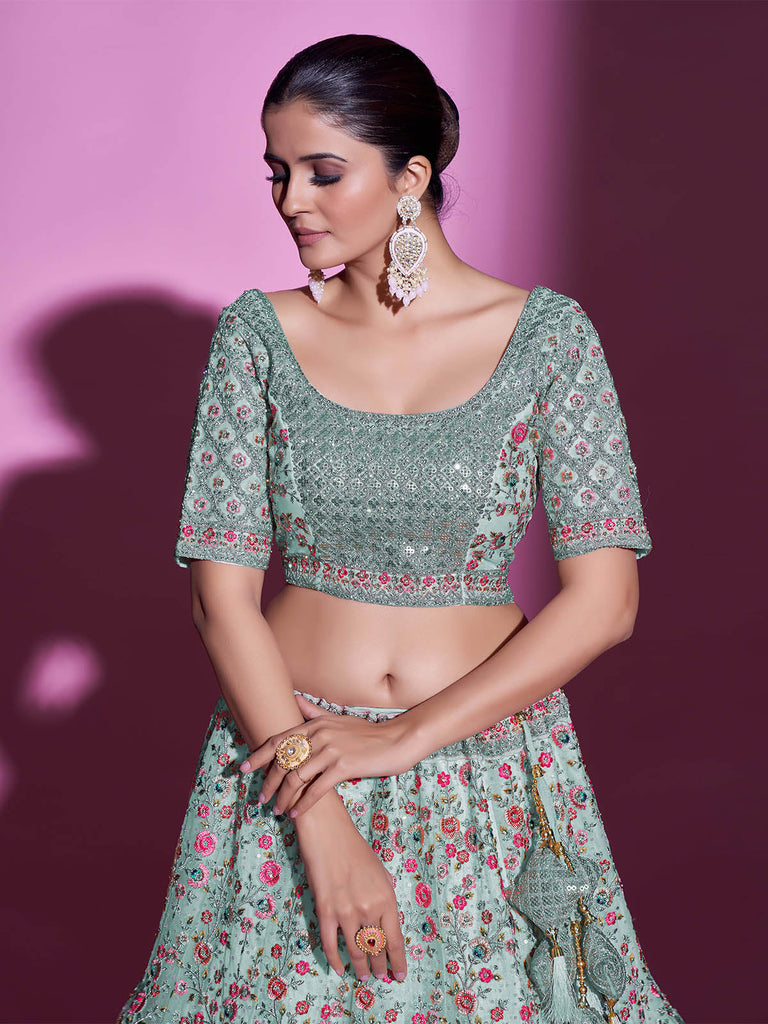Sea Green Net Embroidered Semi Stitched Lehenga With Unstitched Blouse Clothsvilla