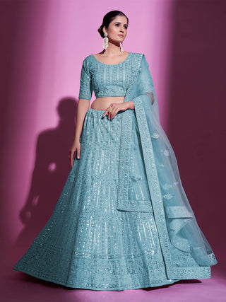 Blue Net Embroidered Semi Stitched Lehenga With Unstitched Blouse Clothsvilla