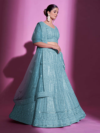Blue Net Embroidered Semi Stitched Lehenga With Unstitched Blouse Clothsvilla