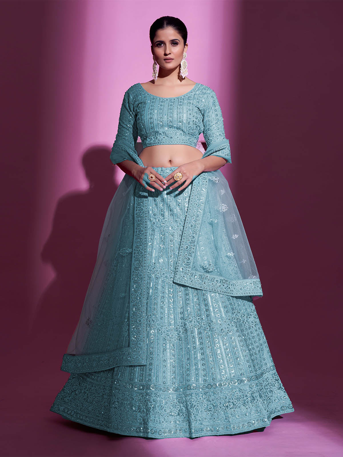 Blue Net Embroidered Semi Stitched Lehenga With Unstitched Blouse Clothsvilla