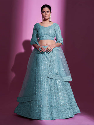 Blue Net Embroidered Semi Stitched Lehenga With Unstitched Blouse Clothsvilla