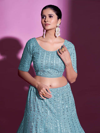 Blue Net Embroidered Semi Stitched Lehenga With Unstitched Blouse Clothsvilla