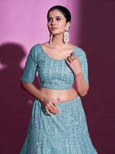 Load image into Gallery viewer, Blue Net Embroidered Semi Stitched Lehenga With Unstitched Blouse Clothsvilla