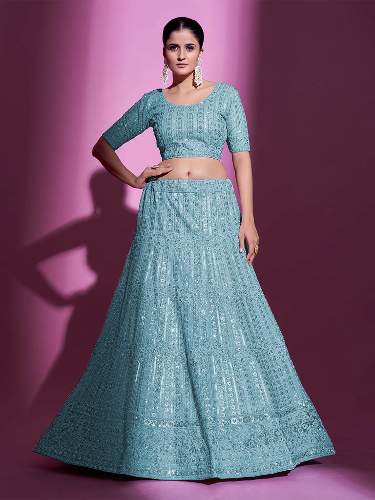 Blue Net Embroidered Semi Stitched Lehenga With Unstitched Blouse Clothsvilla