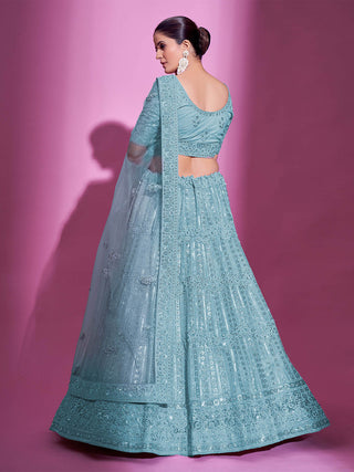 Blue Net Embroidered Semi Stitched Lehenga With Unstitched Blouse Clothsvilla