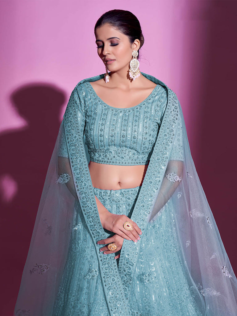 Blue Net Embroidered Semi Stitched Lehenga With Unstitched Blouse Clothsvilla