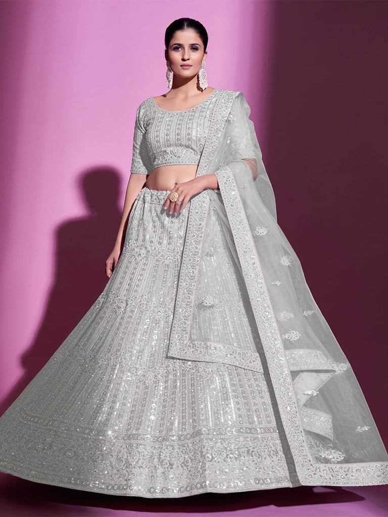 White Net Embroidered Semi Stitched Lehenga With Unstitched Blouse Clothsvilla