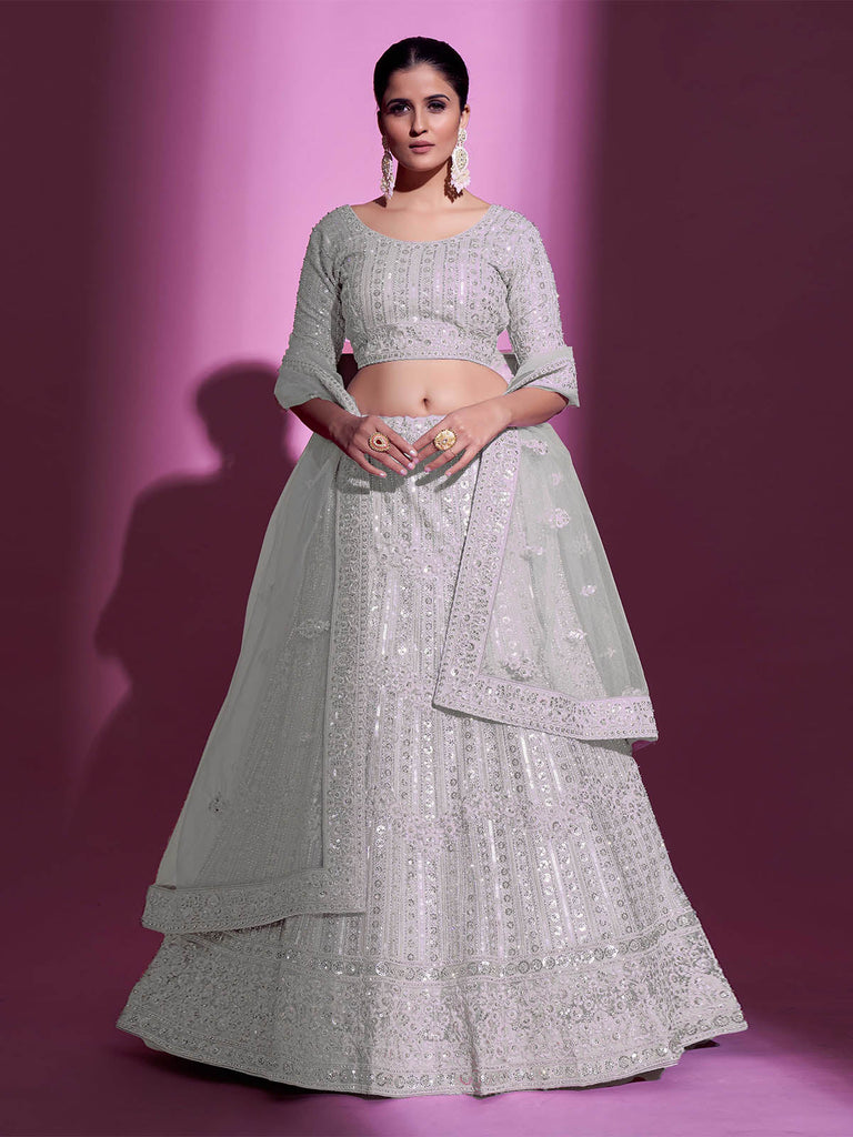 White Net Embroidered Semi Stitched Lehenga With Unstitched Blouse Clothsvilla