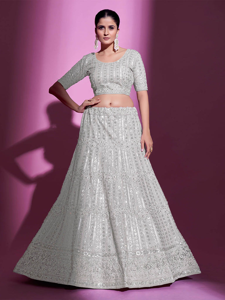 White Net Embroidered Semi Stitched Lehenga With Unstitched Blouse Clothsvilla