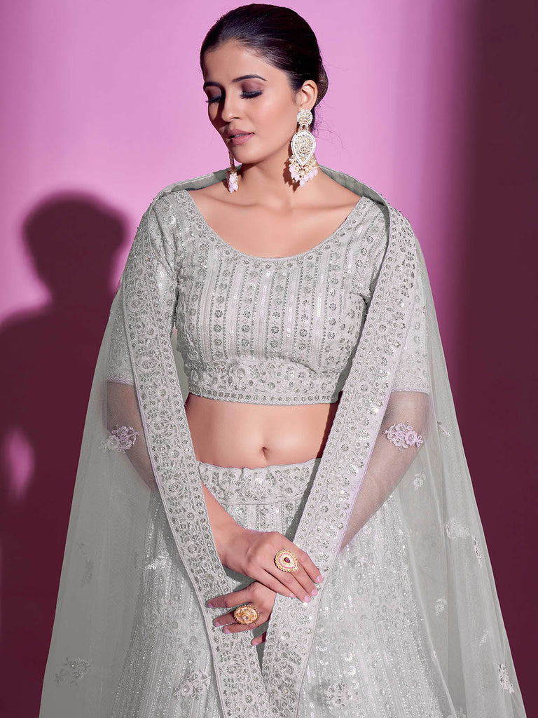 White Net Embroidered Semi Stitched Lehenga With Unstitched Blouse Clothsvilla