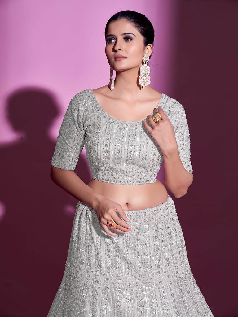 White Net Embroidered Semi Stitched Lehenga With Unstitched Blouse Clothsvilla