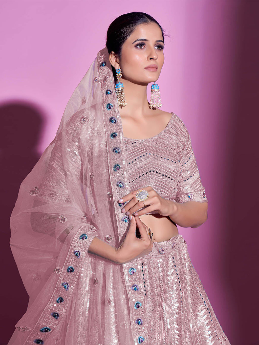 Peach Silk Blend Embroidered Semi Stitched Lehenga With Unstitched Blouse Clothsvilla