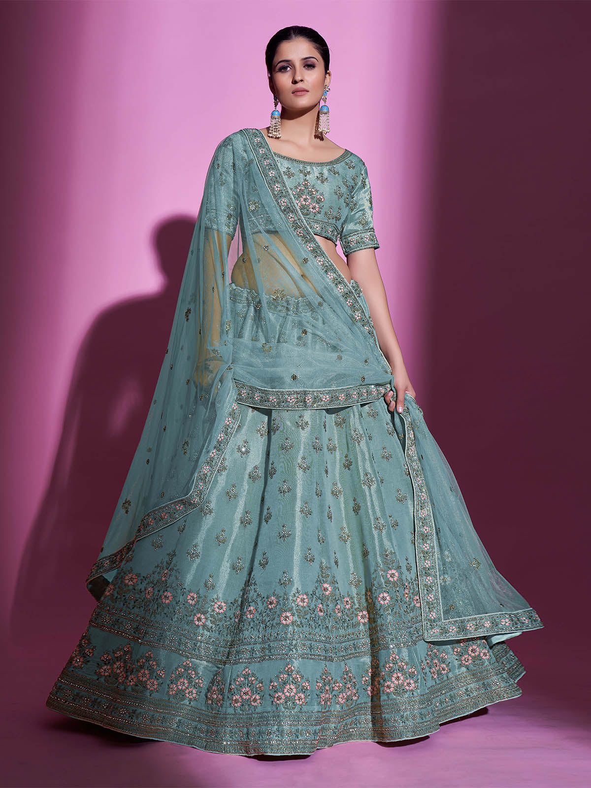 Sea Green Silk Blend Embroidered Semi Stitched Lehenga With Unstitched Blouse Clothsvilla Main image