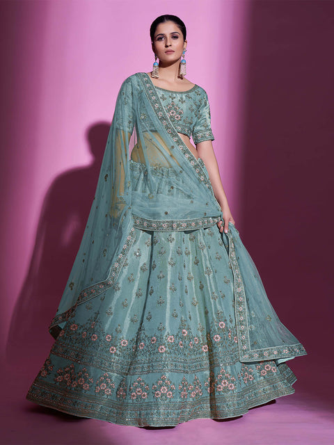 Sea Green Silk Blend Embroidered Semi Stitched Lehenga With Unstitched Blouse Clothsvilla Main image