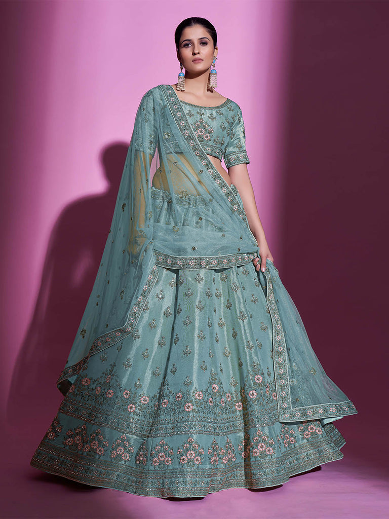 Sea Green Silk Blend Embroidered Semi Stitched Lehenga With Unstitched Blouse Clothsvilla