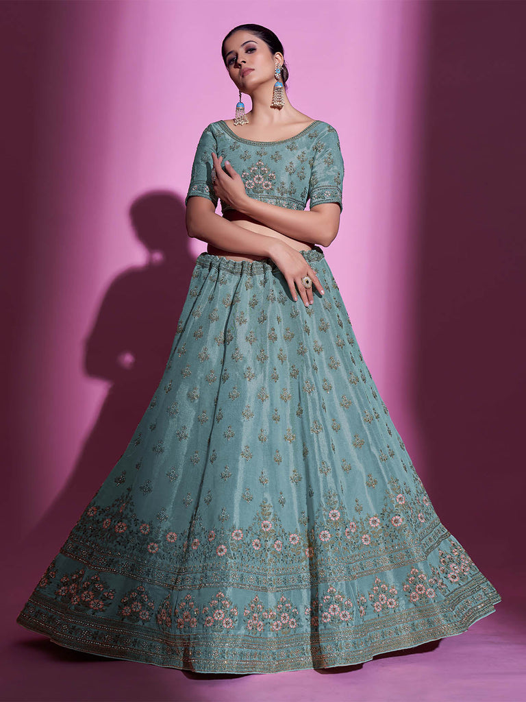 Sea Green Silk Blend Embroidered Semi Stitched Lehenga With Unstitched Blouse Clothsvilla