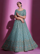 Load image into Gallery viewer, Sea Green Silk Blend Embroidered Semi Stitched Lehenga With Unstitched Blouse Clothsvilla