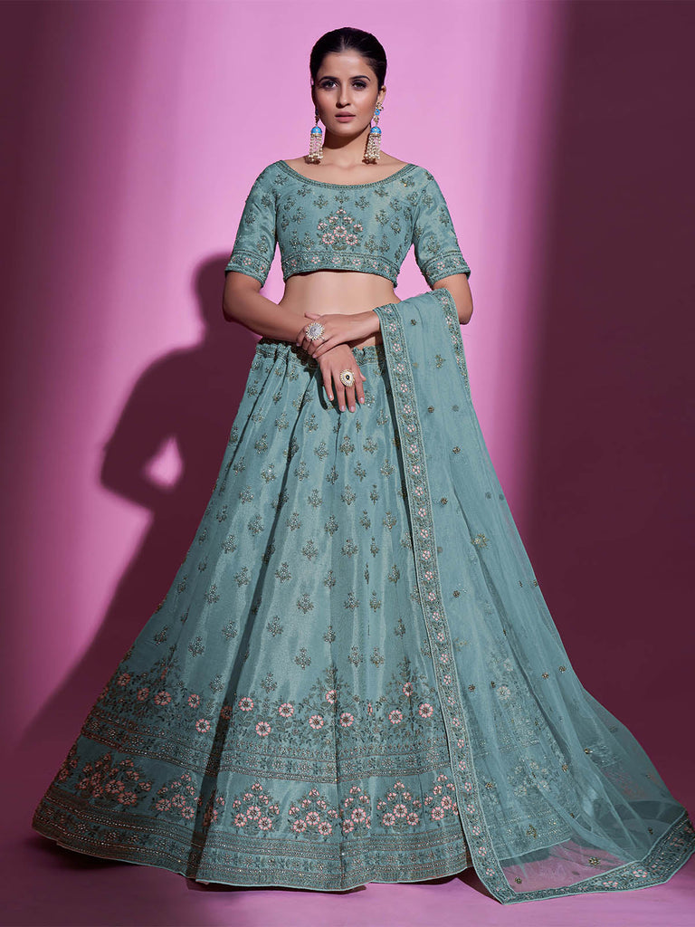 Sea Green Silk Blend Embroidered Semi Stitched Lehenga With Unstitched Blouse Clothsvilla