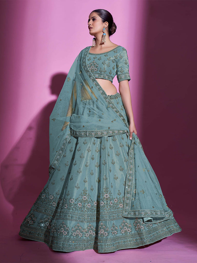 Sea Green Silk Blend Embroidered Semi Stitched Lehenga With Unstitched Blouse Clothsvilla