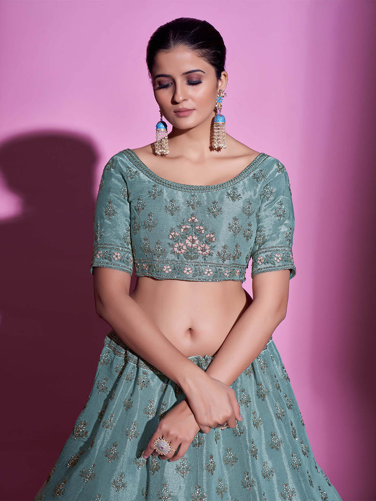 Sea Green Silk Blend Embroidered Semi Stitched Lehenga With Unstitched Blouse Clothsvilla