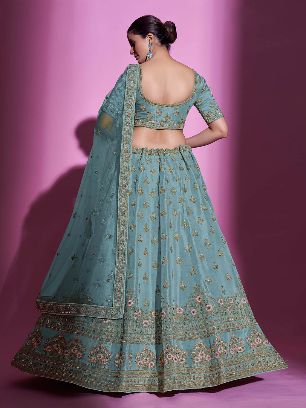 Sea Green Silk Blend Embroidered Semi Stitched Lehenga With Unstitched Blouse Clothsvilla