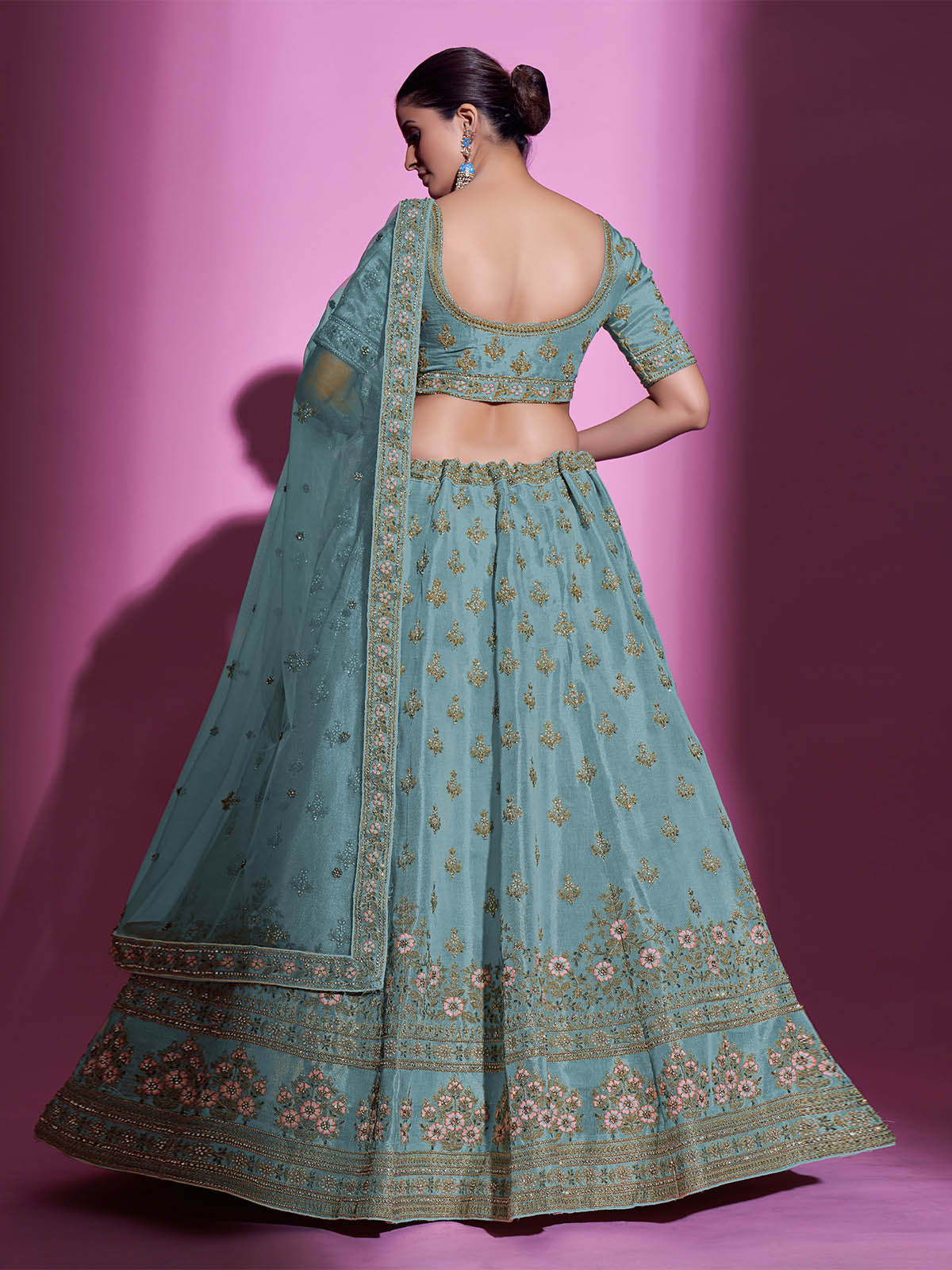 Sea Green Silk Blend Embroidered Semi Stitched Lehenga With Unstitched Blouse Clothsvilla